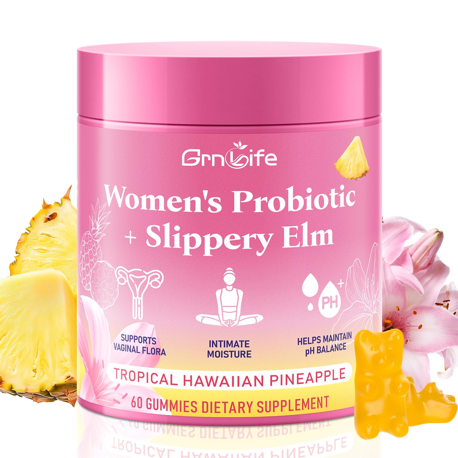 GrnLife Women's Probiotic Slippery Elm Gummies, Her Juicy Feminine Probiotics Gummies for pH Balance & Immune Supports, Pineapple Flavor, 60 Count GrnLife Au supplements