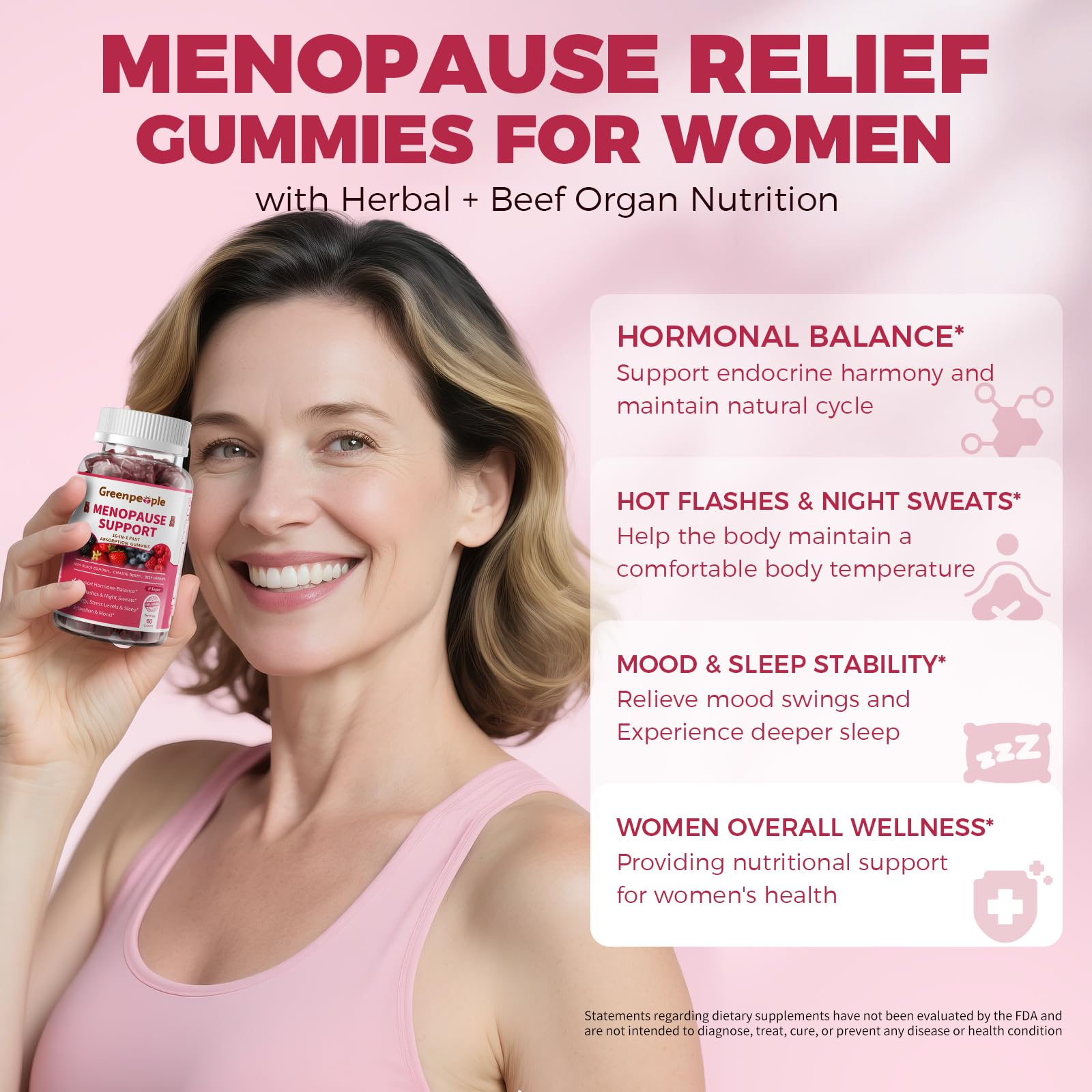 GREENPEOPLE Menopause Supplements for Women Gummies - 16-in-1 Dual Action Menopause Relief W/Black Cohosh, Vitex, Beef Organs for Hormone Balance, Hot Flashes, Night Sweats & Mood, Sugar-Free 60 CT GREENPEOPLE Au supplements