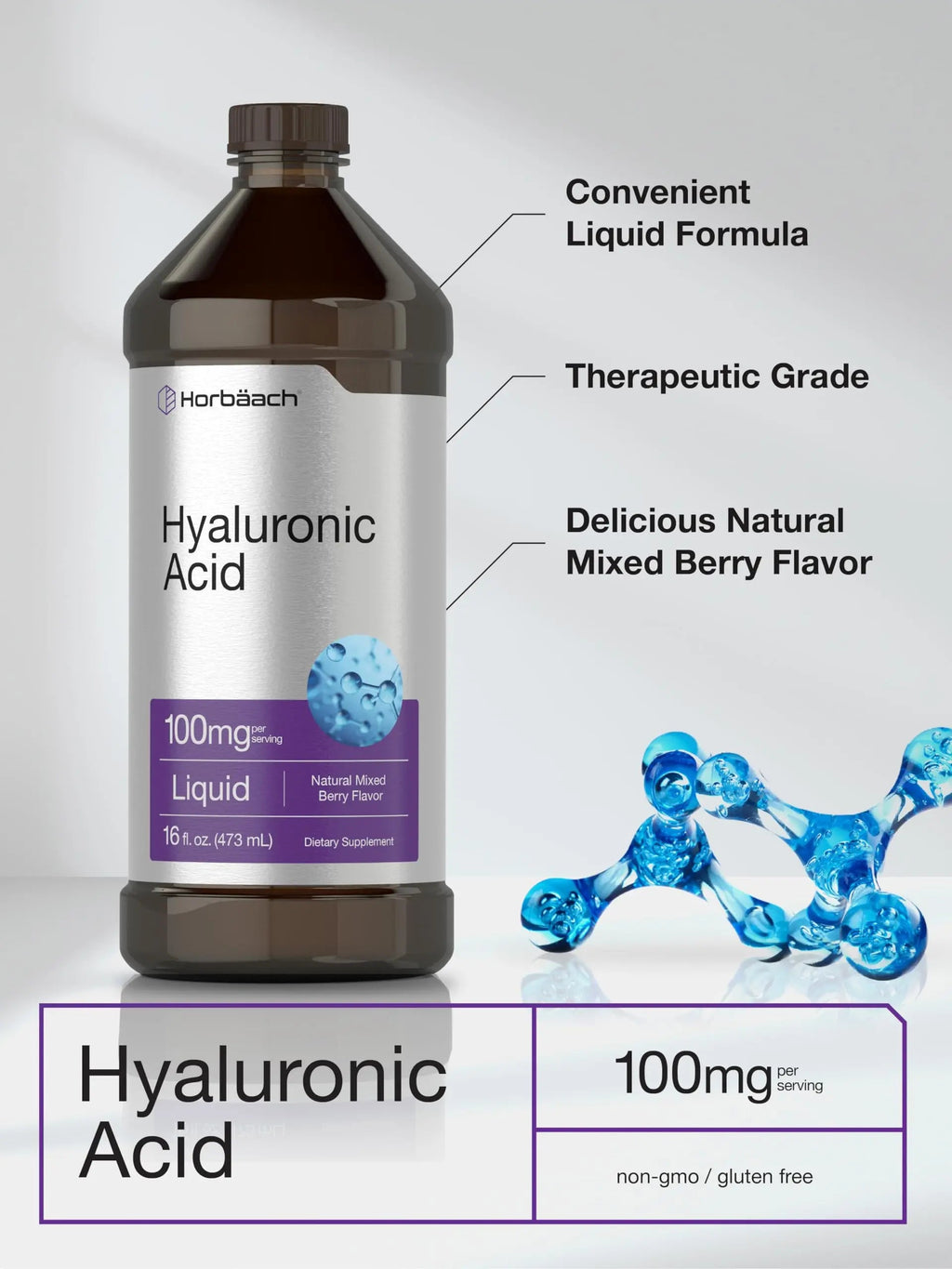 Liquid Hyaluronic Acid Supplement | 100 mg | 16 oz | Mixed Berry Flavor | Non-GMO Horbäach Au supplements