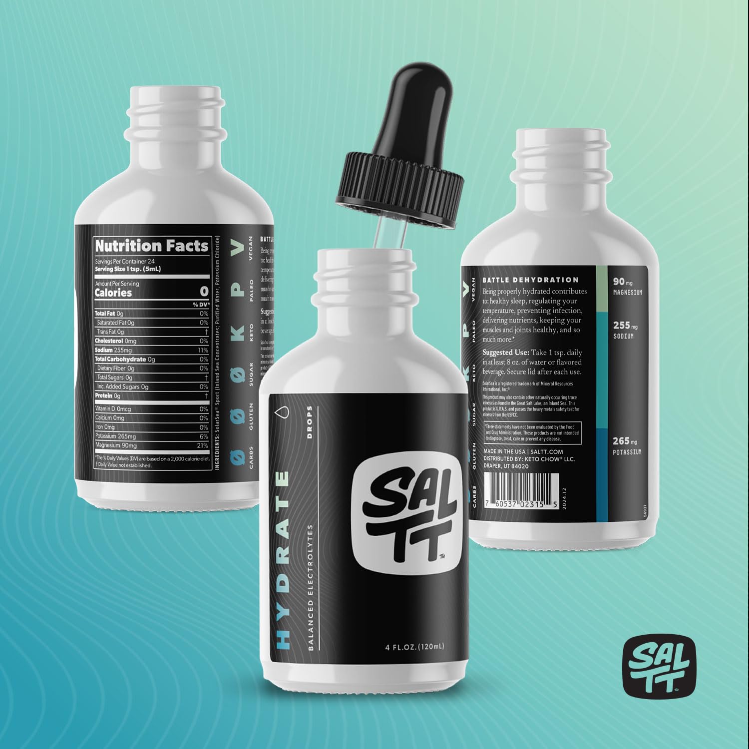 SALTT - Hydrate (4 oz) - Electrolytes Drops - Energy Boost - Sodium, Potassium, Magnesium, Zinc, Copper - Unflavored - Ultra Low Carb - Zero Sugar, Vegan,