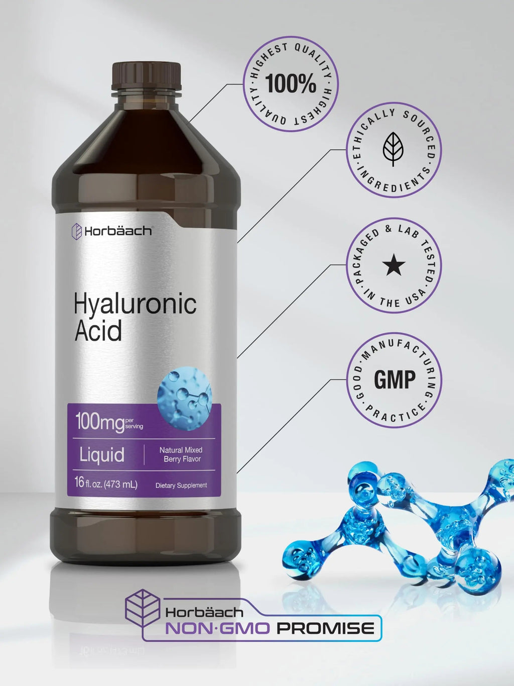 Liquid Hyaluronic Acid Supplement | 100 mg | 16 oz | Mixed Berry Flavor | Non-GMO Horbäach Au supplements