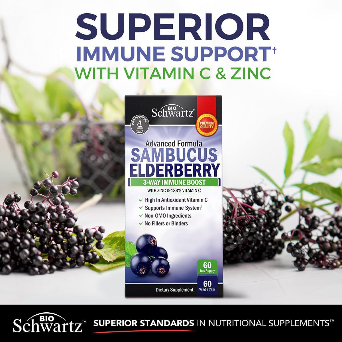 Elderberry Capsules with Zinc and Vitamin C for Adults - Immune Support Vitamins for Women and Men - Black Sambucus Elderberry Vitamin C and Zinc