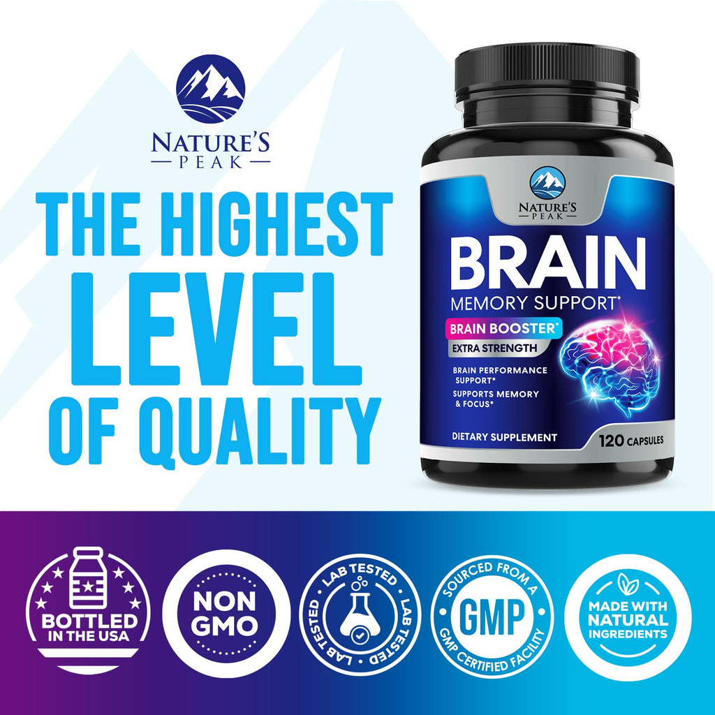 Brain Memory Supplement - 3X Strength Nootropics for Concentration, Clarity & Focus Support - Brain Health Cognitive Vitamins with Bacopa, Phosphatidylserine & DMAE, Brain Booster Pills, 120 Capsules Nature's Peak Au supplements