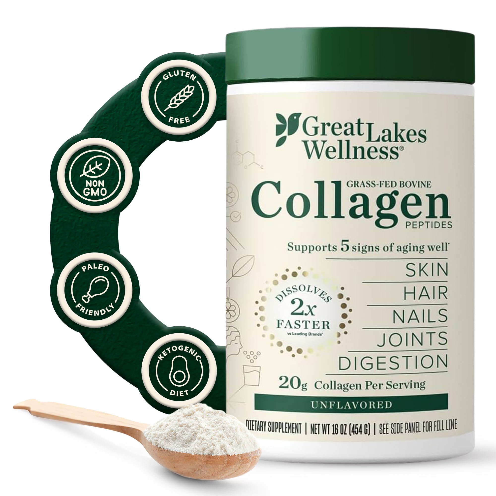 Great Lakes Wellness Collagen Peptides Powder – Supports Skin, Hair, Nails, Joints & Digestion – Hydrolyzed, Quick Dissolve