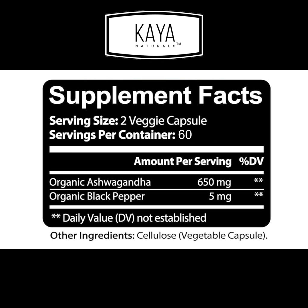 Kaya Naturals Ashwagandha 1300mg, 120 Count Capsules for Stress Relief, Adrenal, Mood & Thyroid Support, Black Pepper and 100% Pure Ashwagandha -120 Capsules Kaya Naturals Au supplements