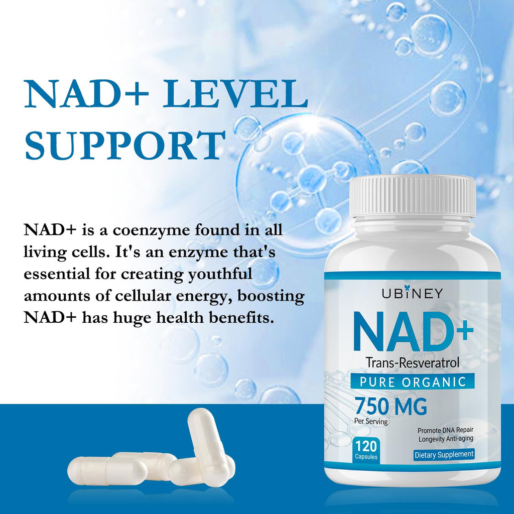 Ubiney NAD+ 750mg with Trans-Resveratrol – Pure Organic Nicotinamide Adenine Dinucleotide Supplement – DNA Repair, Cellular Energy, Anti-Aging Support – 120 Vegan Capsules, Non-GMO, Gluten-Free Ubiney Au supplements