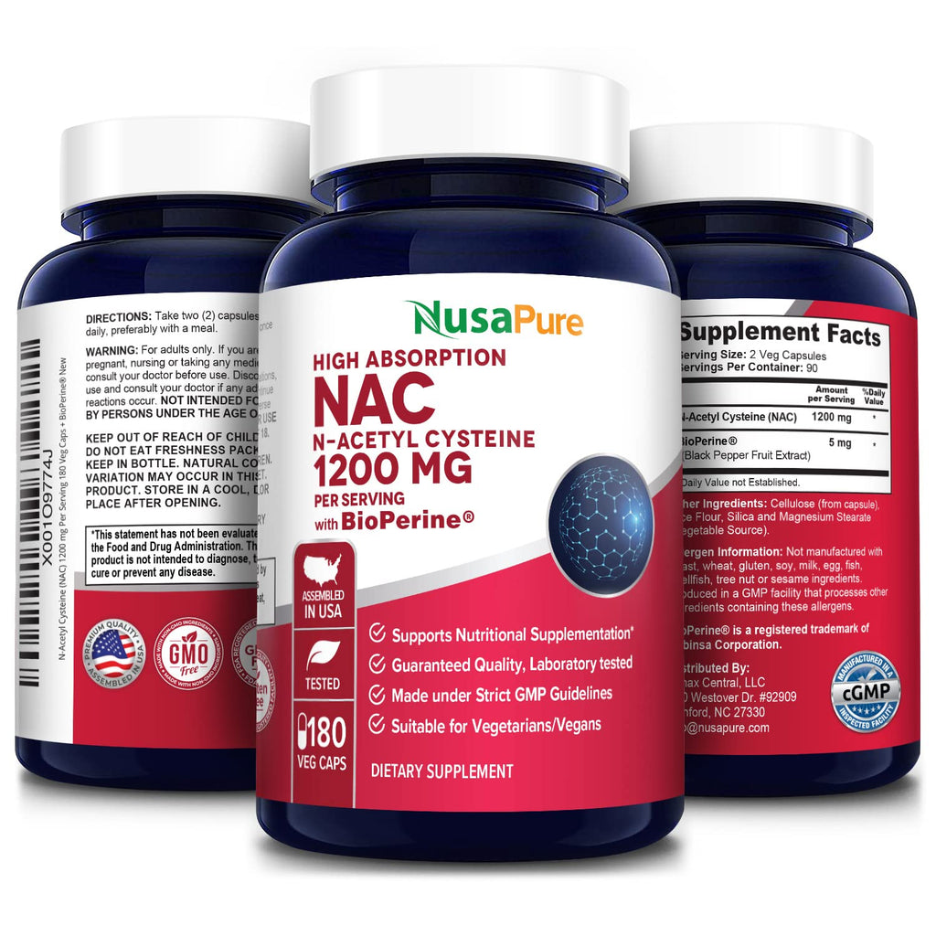 NusaPure N-Acetyl Cysteine (NAC) 1200mg 180 Veggie Caps (Vegetarian, Non-GMO, Gluten Free) Bioperine NusaPure Au supplements