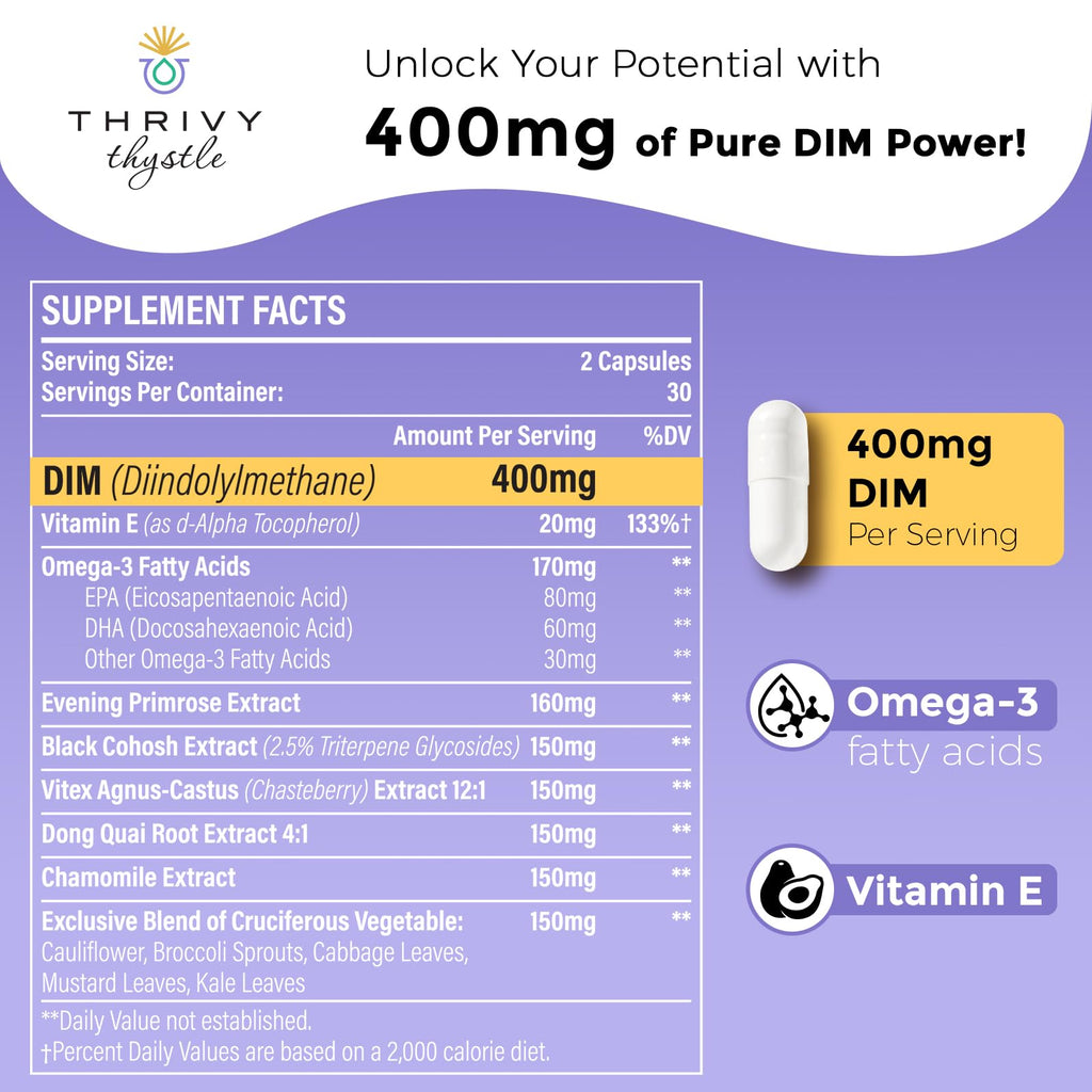 ThrivyThystle Liposomal DIM 400 mg - Hormone Balance, Estrogen Support for Women, DIM Supplement with Vitamin E, Evening Primrose, Black Cohosh, Omega-3 Fatty Acids (60 Capsules) ThrivyThystle Au supplements