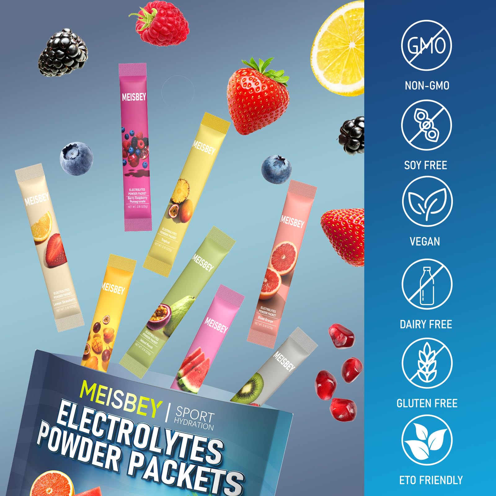 Meisbey Electrolyte Powder Packets – 32 Sticks Sugar Free Hydration Packets, Liquid Daily IV Electrolyte Hydration Powdered Drink Mix with Vitamins & Minerals, Keto Friendly, Vegan, Non-GMO