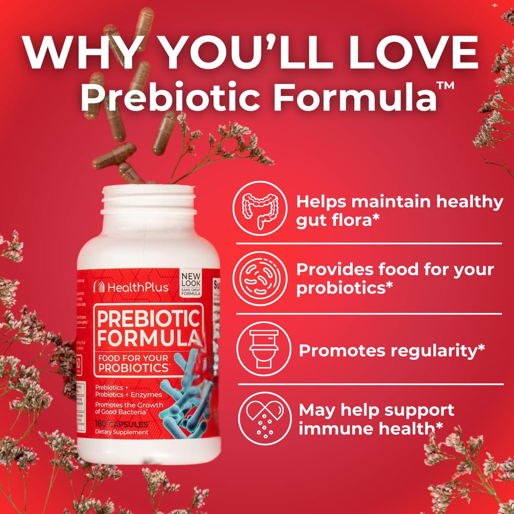 Health Plus Prebiotic Formula - Probiotics + Prebiotics + Digestive Enzymes - Gluten Free, Dairy Free, Natural Herbal Ingredients