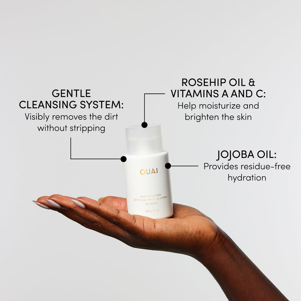 OUAI Body Cleanser, St. Barts Travel Size - Foaming Body Wash with Jojoba Oil & Rosehip Oil to Hydrate, Balance & Soften Skin - Paraben, Phthalate & Sulfate Free Skin Care Products (3 fl oz) OUAI Au supplements