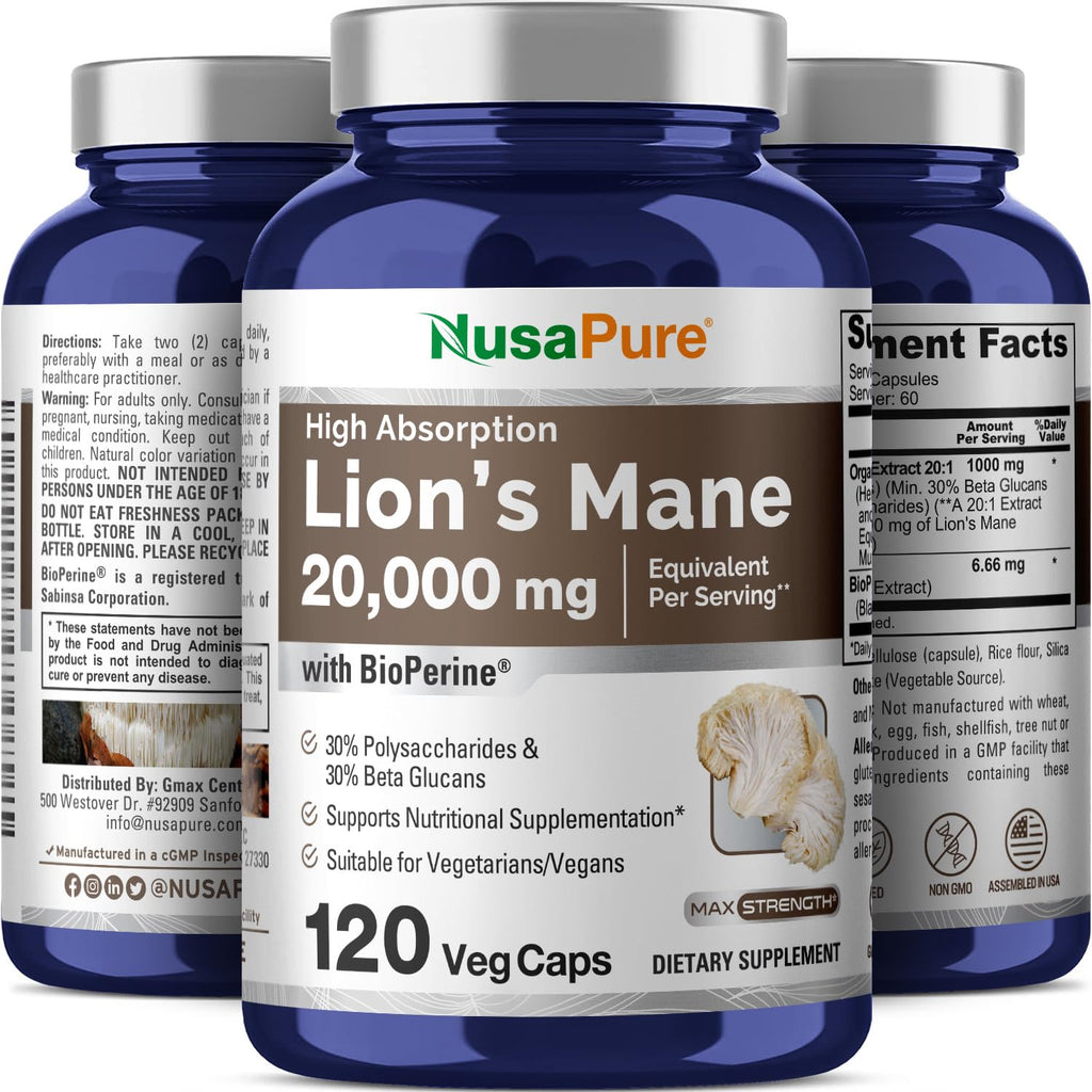 NusaPure Lions Mane 20:1 Extract (20,000 mg Equivalent) - Made with Organic Lion`s Mane, Bioperine - 30% Polysaccharides - 120 Veggie Caps. Non-GMO, Gluten Free NusaPure Au supplements