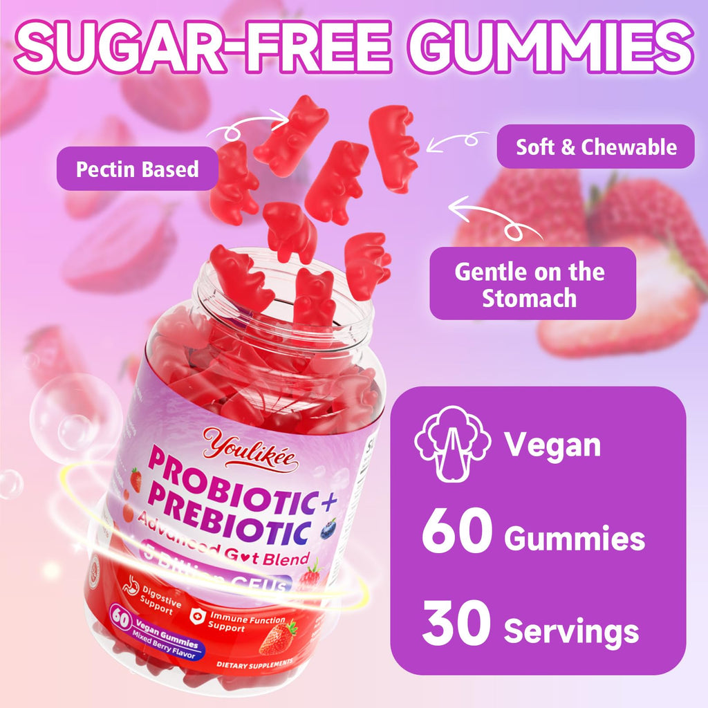 Youlikee 2 Pack Prebiotic + Probiotic Gummies for Women and Men, Probiotic Gummies Supports Gut Health, 5 Billion CFUs with Fibers,