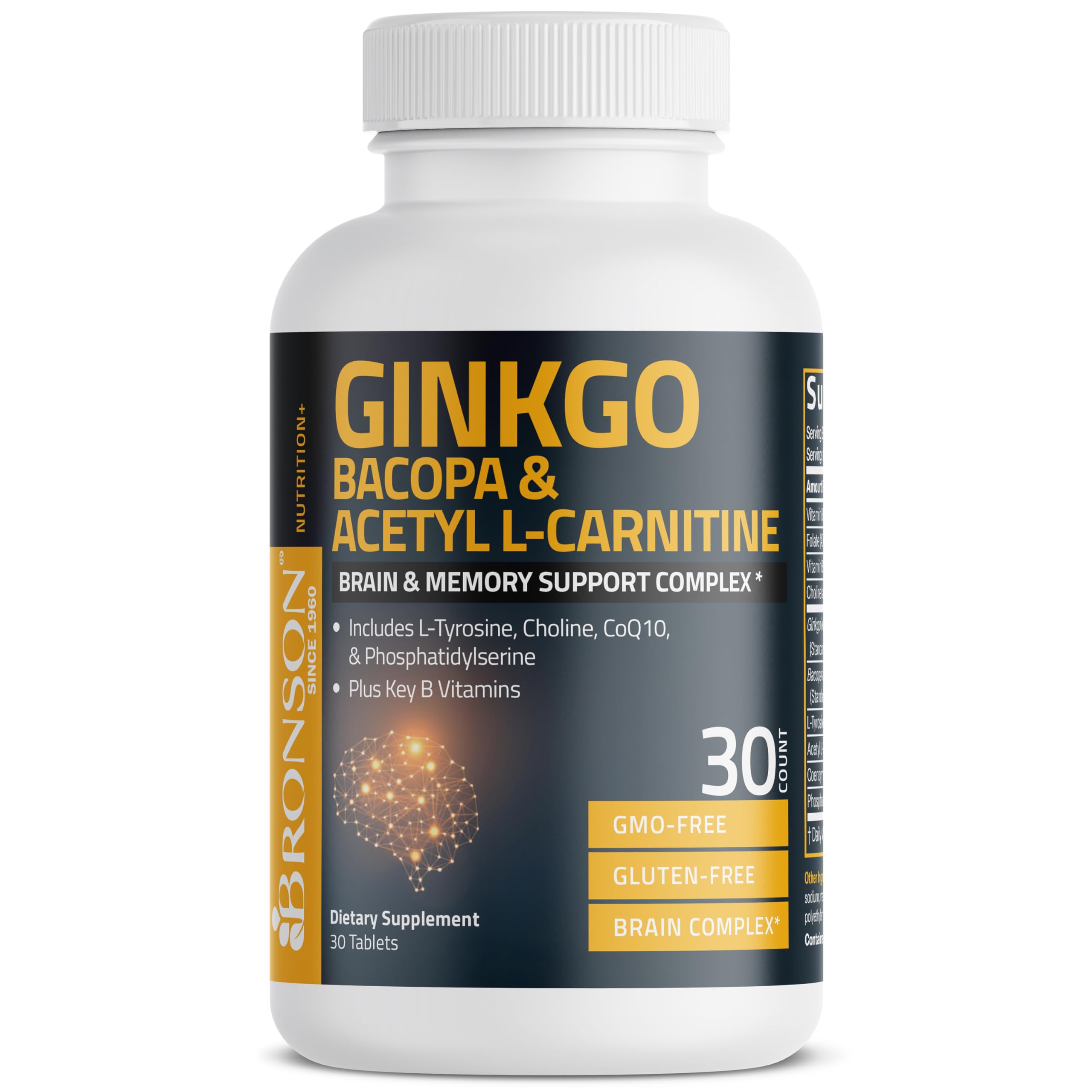 Bronson Ginkgo, Bacopa & Acetyl L-Carnitine Brain & Memory Support Complex with L-Tyrosine, Choline, CoQ10 & Phosphatidylserine Plus Key B Vitamins Non-GMO, 30 Tablets Bronson Au supplements