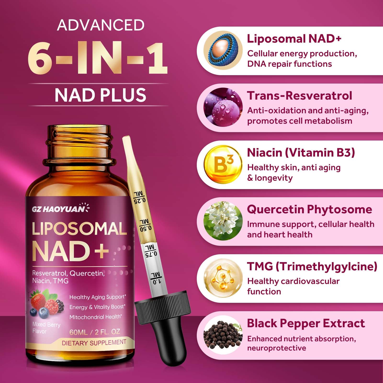 Liposomal NAD Supplement - 1200mg NAD+ Liquid Drops for Women & Men with Nicotinamide, Resveratrol, Quercetin, TMG, Black Pepper Extract - Brain & Cellular Mitochondrial Health, Anti-Aging, Longevity GZ HAOYUAN Au supplements