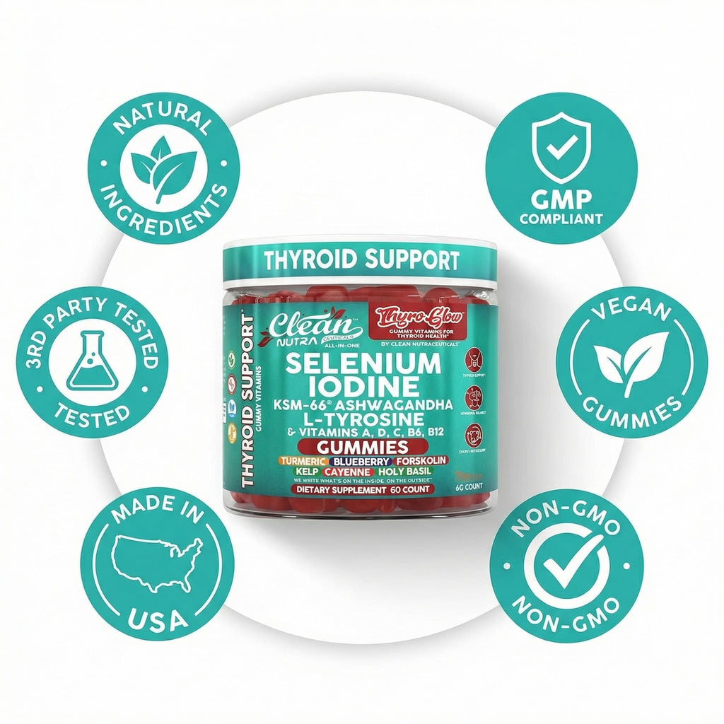 ThyroGlow Thyroid Support Gummies Selenium Iodine KSM 66 Ashwagandha L Tyrosine Vitamin D, C, B12, B6 Turmeric Blueberry Holy