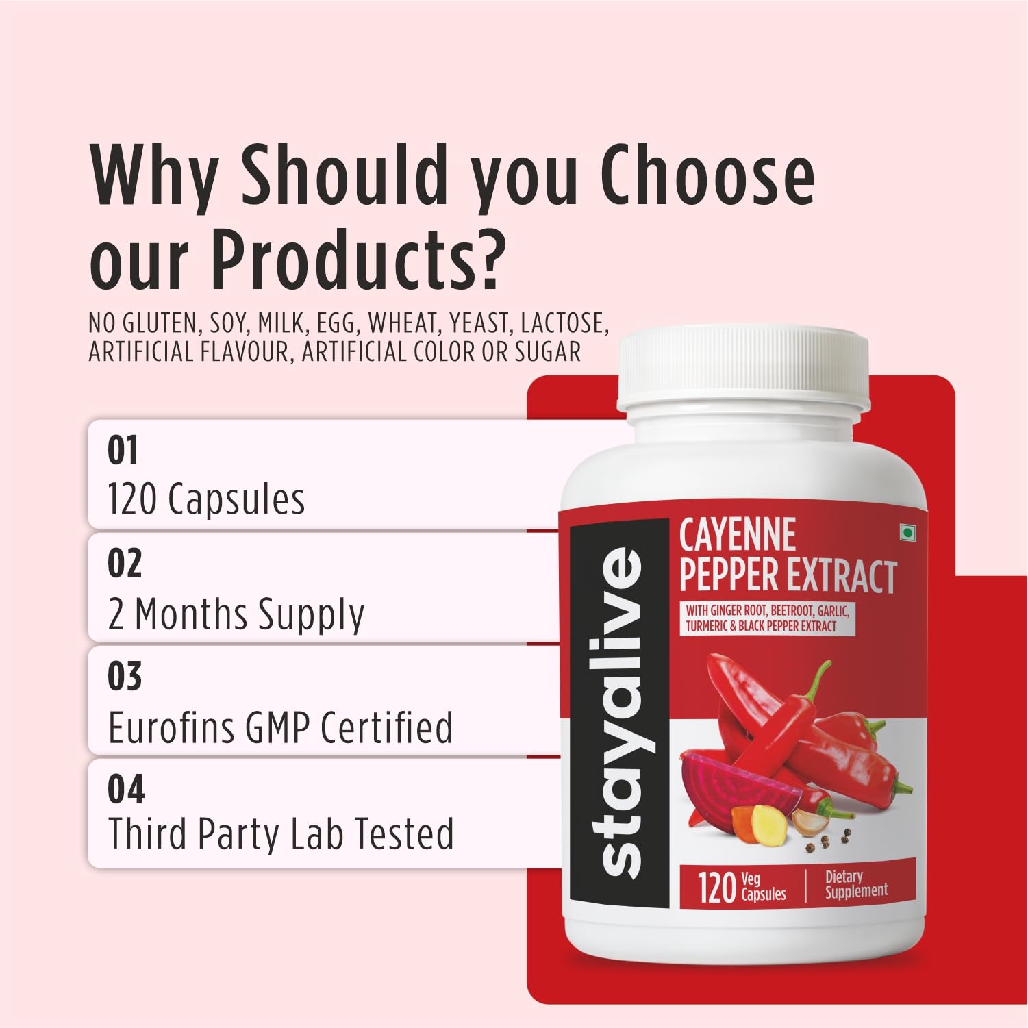 STAY ALIVE Cayenne Pepper Capsules, 6-in-1 Capsicum Blend w/Ginger, Garlic, Turmeric, Beet Root, and Black Pepper Extract, 120 Cayenne Capsules,