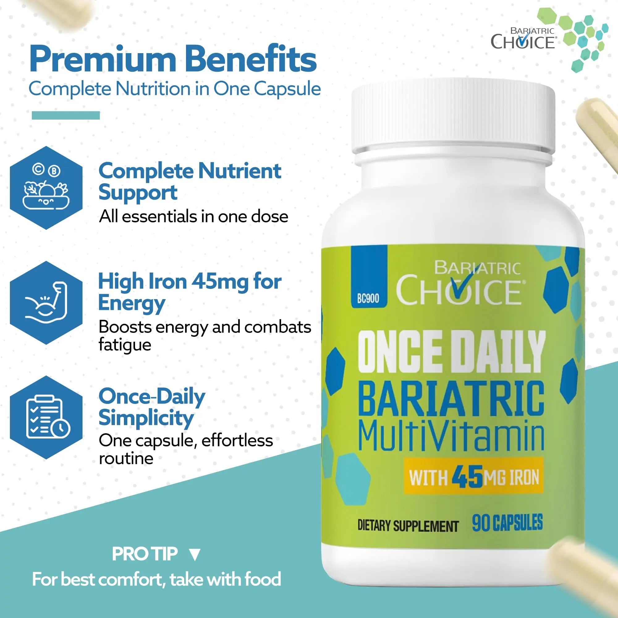 Bariatric Choice Once-Daily Bariatric Multivitamin with 45 mg of Iron | Easy to Swallow Capsule | Vitamin for Bariatric Surgery Patients Bariatric Choice Au supplements