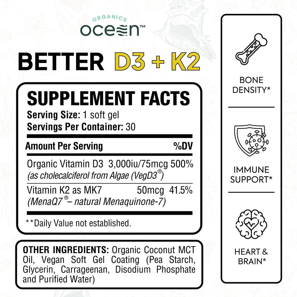 Organics Ocean Better D3 + K2-100% Organic VIT D3 and K2 Supplements with Maximum Bioavailability - Supports Bone Density, Calcium Balance Organics Ocean Au supplements