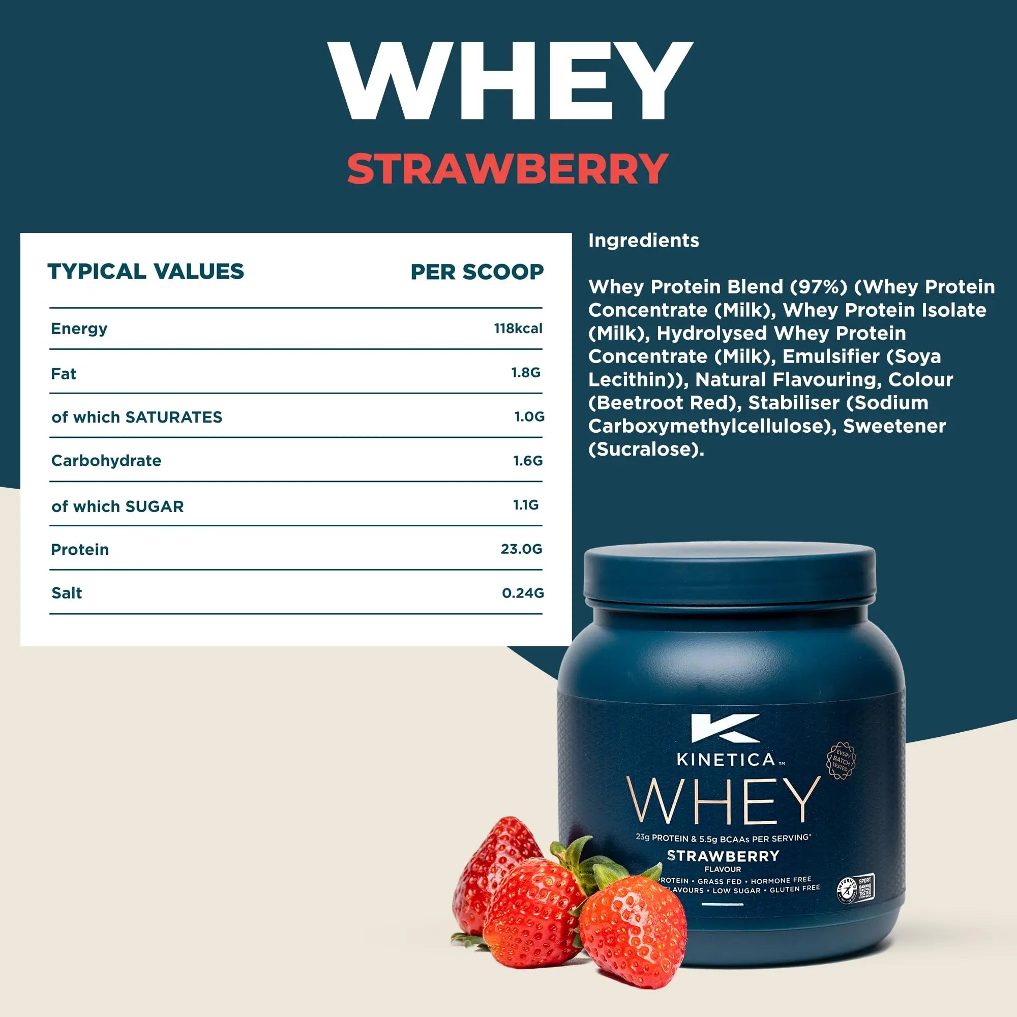 Kinetica Premium Whey Protein Powder | Grass Fed | Strawberry | 1kg | 33 Servings Kinetica Au supplements
