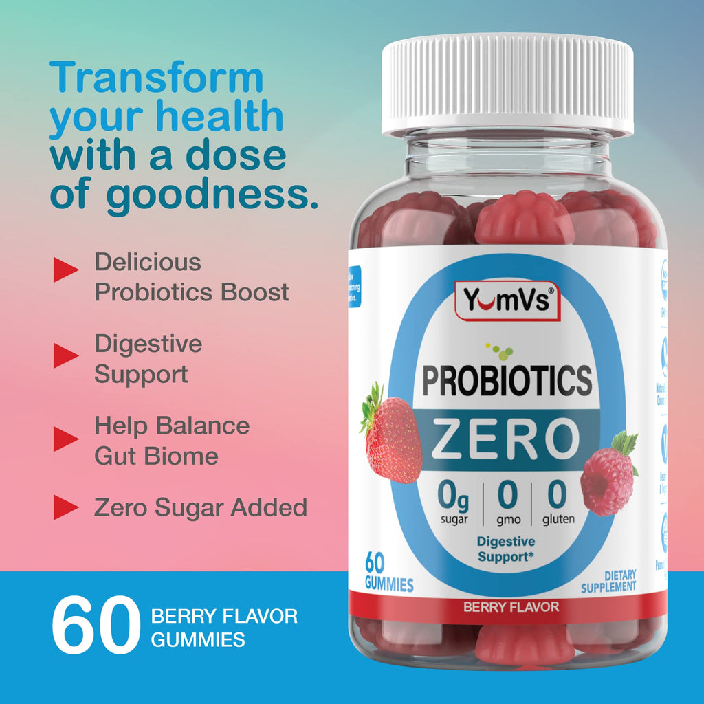 YUM-V'S Sugar Free Probiotic Gummies - Probiotics for Men & Women to Help Support Digestive Function – Adults & Kids Probiotic with 5 Billion CFU Bacillus Coagulans – Vegan & Gluten-Free (60 Count)