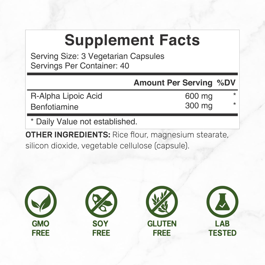 DEAL SUPPLEMENT R Alpha Lipoic Acid 600mg with Benfotiamine 300mg Per Serving, 120 Veggie Capsules – 200mg R-ALA Per Capsule – Antioxidant Supplement