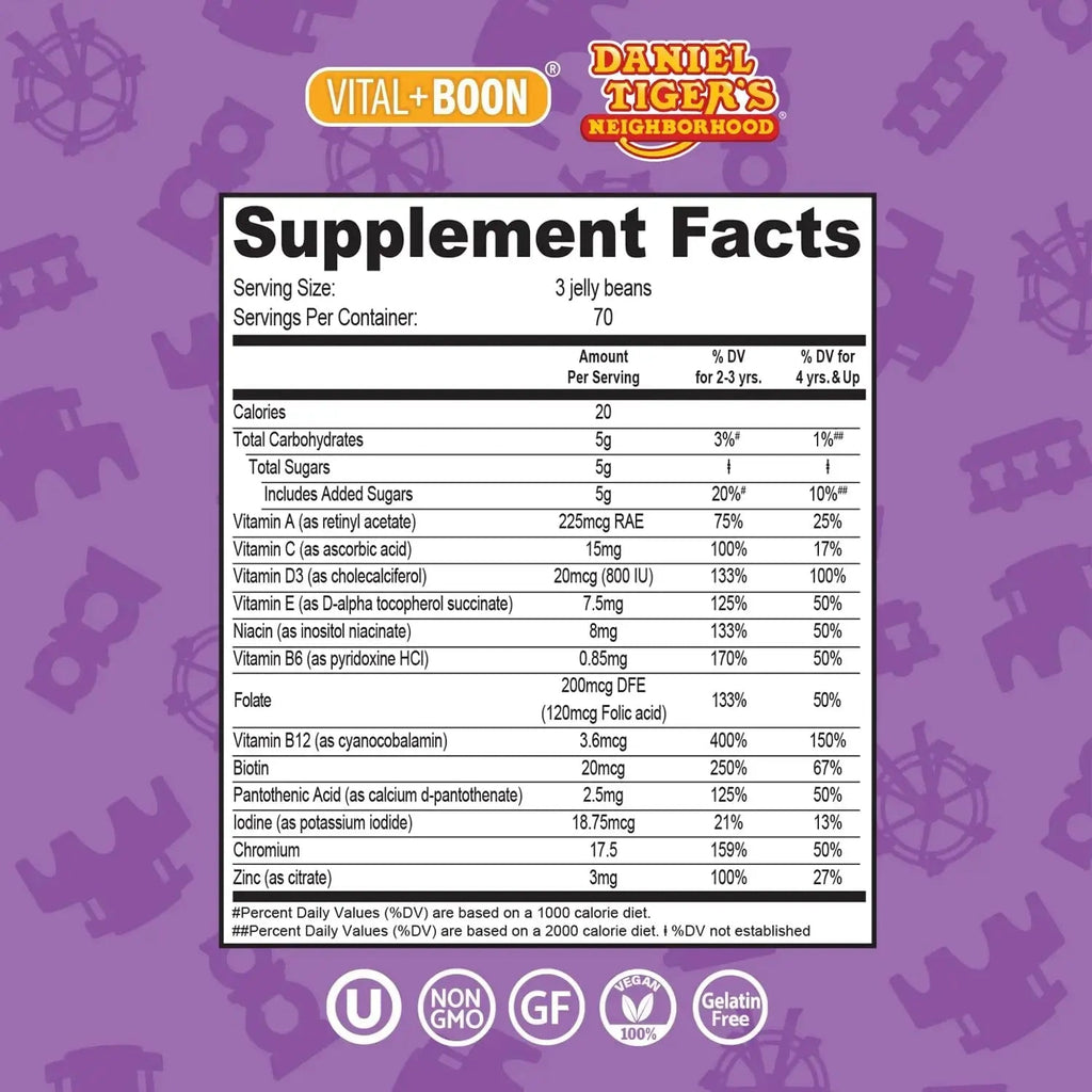 Daniel Tiger - Kids Multivitamin Jellybeans (210 Jellybean Bottle) Toddler 2+ & Kids Vitamins - 13 Essential Vitamins & Minerals to Support Bone Health Vital+Boon Au supplements