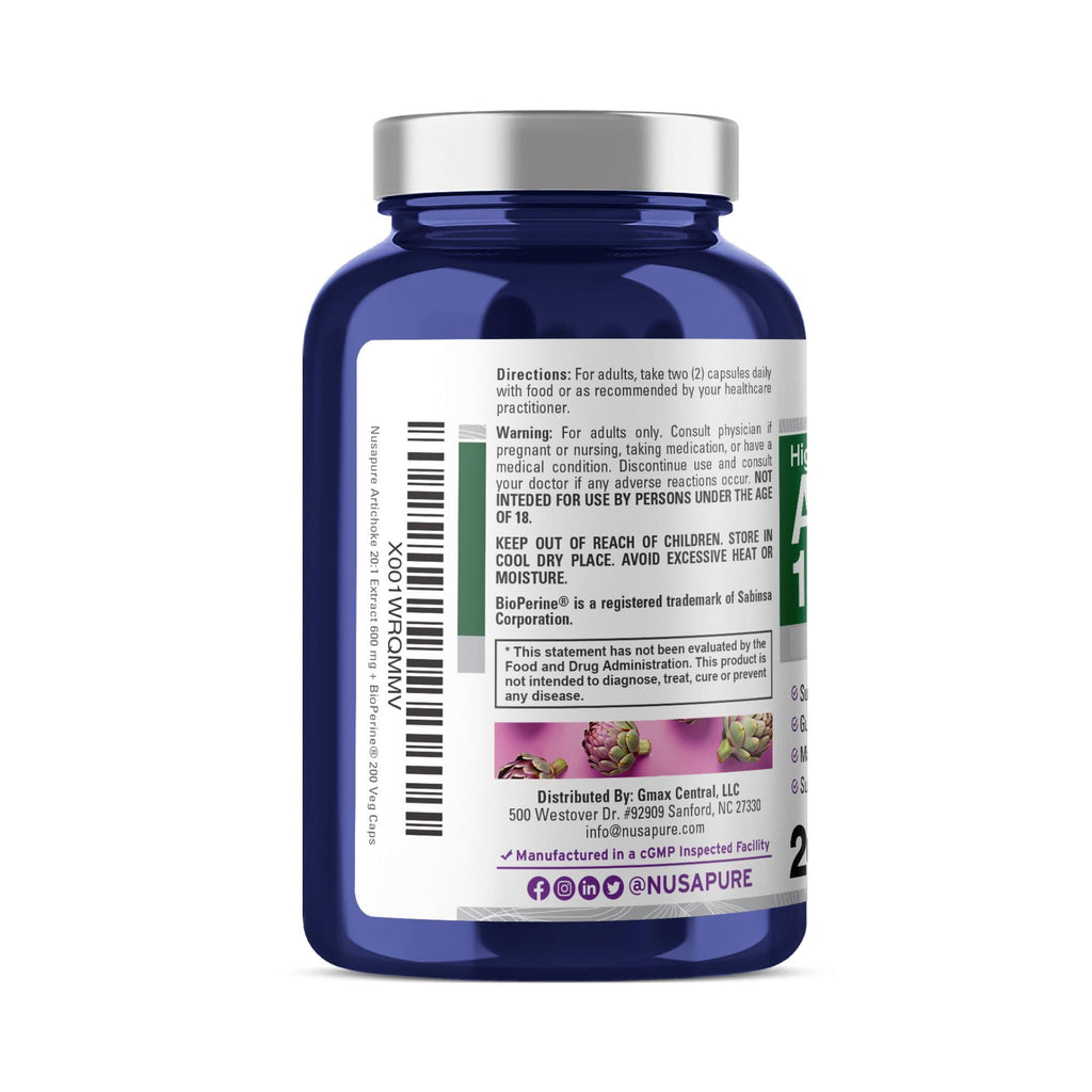 NusaPure Artichoke 20:1 Extract, 600 mg Equivalent to 12,000mg 200 Veggie caps (Non-GMO, Gluten Free) NusaPure Au supplements