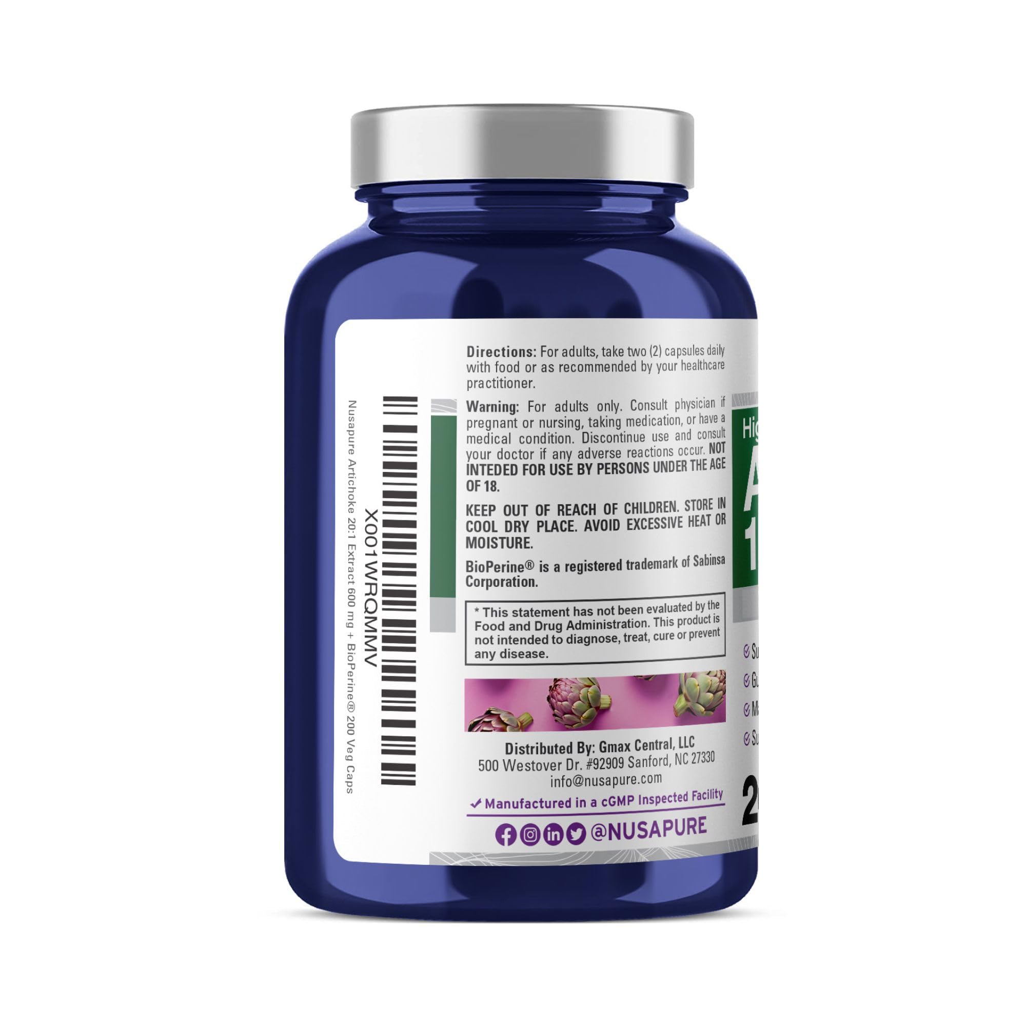 NusaPure Artichoke 20:1 Extract, 600 mg Equivalent to 12,000mg 200 Veggie caps (Non-GMO, Gluten Free) NusaPure Au supplements