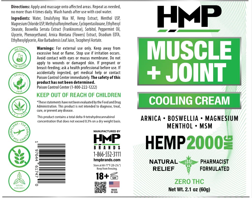 HMP BRANDS Hemp Cream Muscle & Joint Support 2000MG Hemp Discomfort Relief Formula w Menthol Ideal for Knee Muscle Joint Back Shoulder Elbow Maximum Joint Support, Natural Formula Made in USA 2.1oz HMP BRANDS Au supplements
