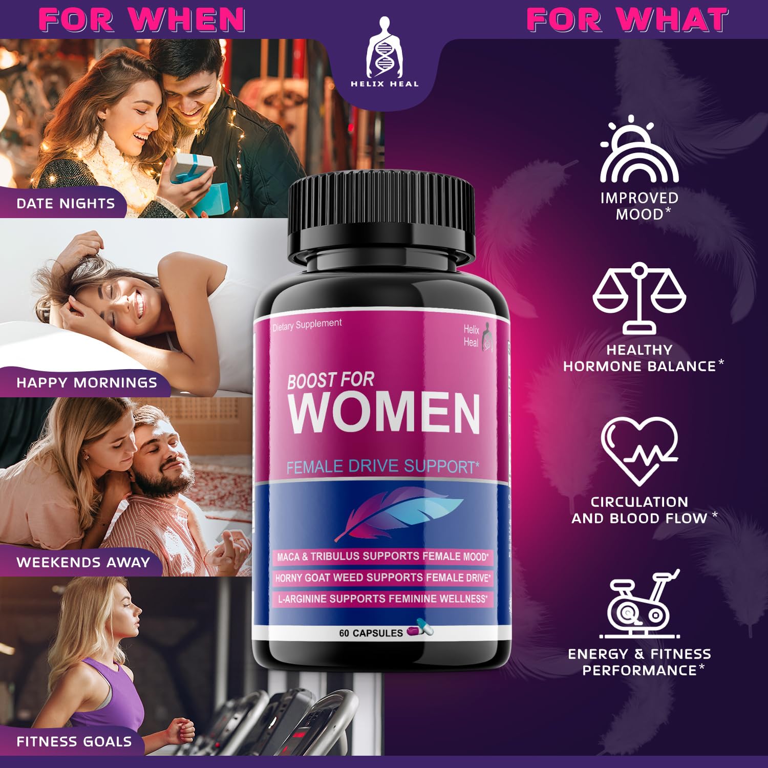 Helix Heal Libido Booster for Women Fast Acting with Horny Goat Weed - Female Desire Pills with Maca Root, Tribulus Terrestris, Ginseng and Hornygoatweed Women - Hormone Balance, Made in USA (60 ct) Helix Heal Au supplements