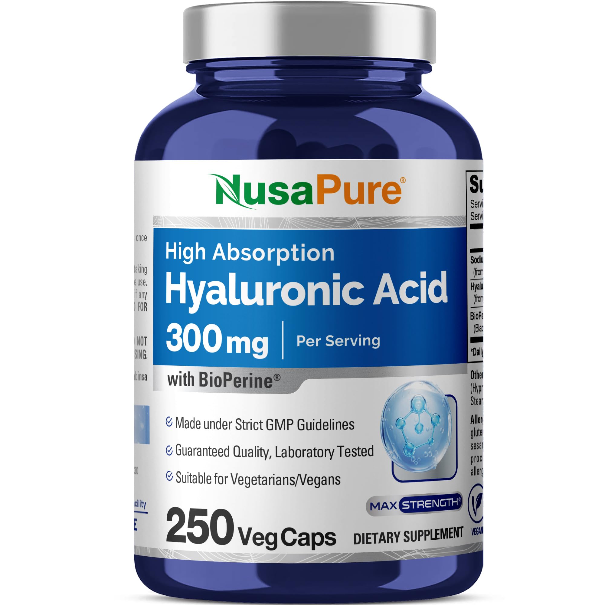 NusaPure Hyaluronic Acid 300mg 250 Veggie Capsules (Non-GMO, Vegan) NusaPure Au supplements