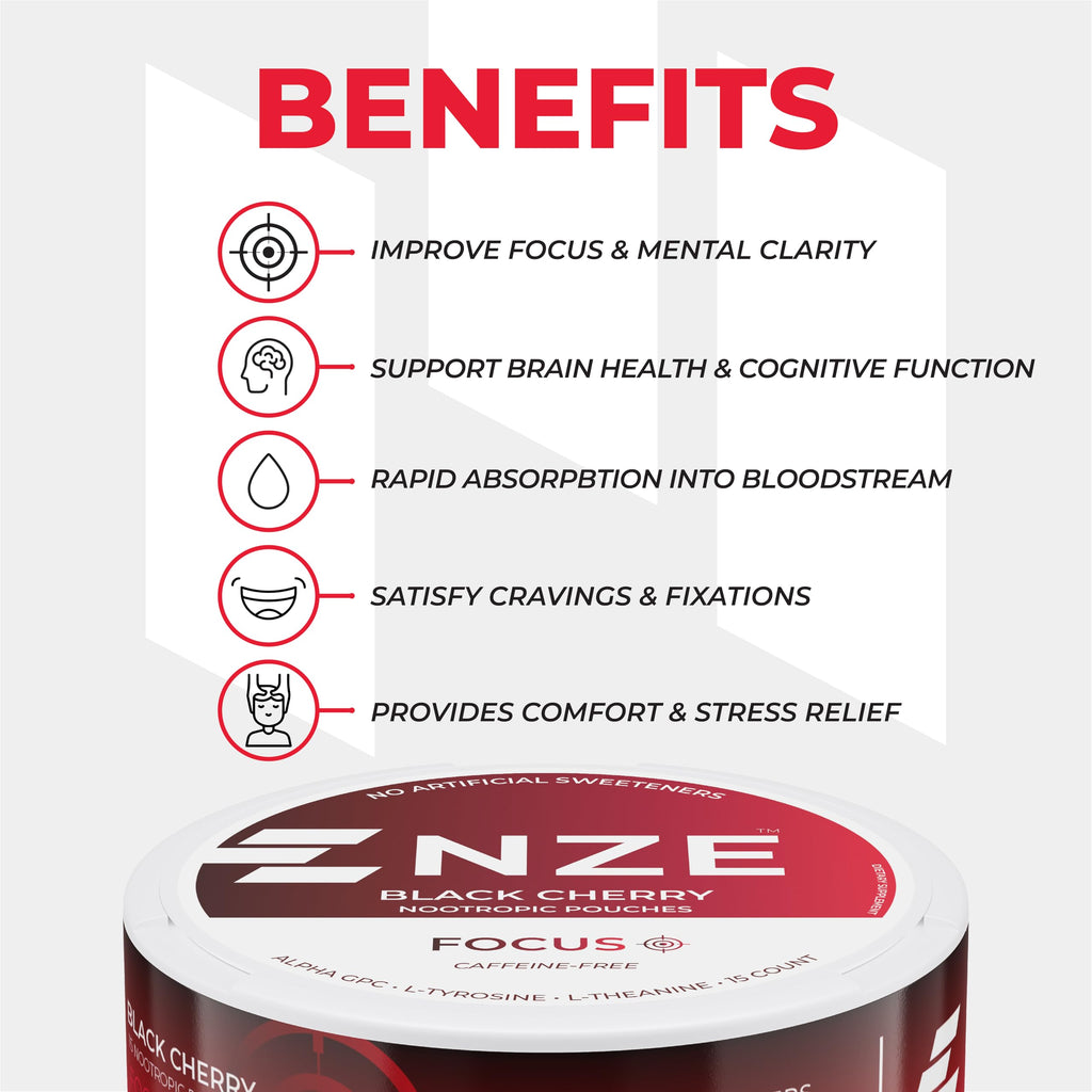 NZE Caffeine Free Nootropic Pouches (Black Cherry) - Nootropic Pouches with Alpha GPC, L-Tyrosine & L-Theanine - No Sugar or Artificial Sweeteners - 15 Pouches Per Can - 5 Pack NZE Au supplements