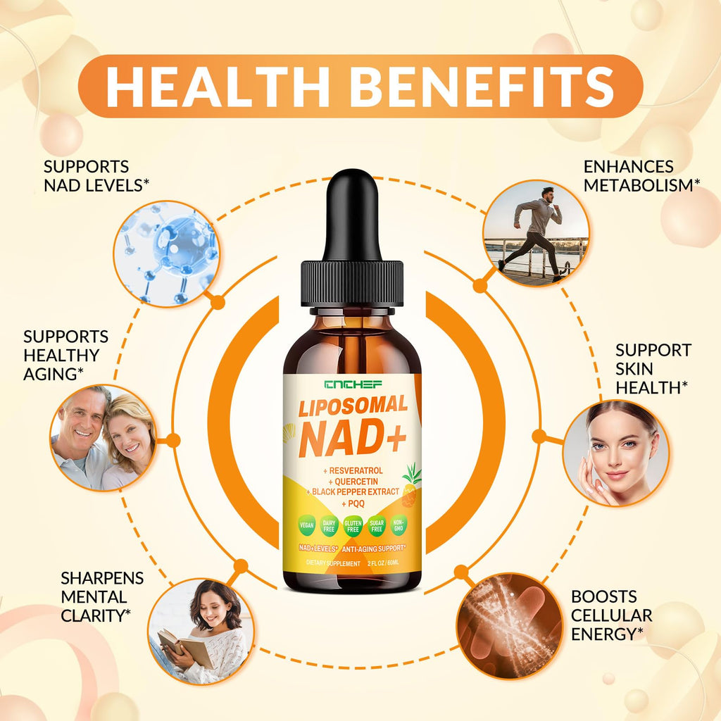 CNCHEF Liposomal NAD Supplement - 1500mg NAD+ Liquid Drop for Women & Men Nicotinamide Riboside Chloride & Resveratrol Complex - Cellular Renewal, Anti-Aging Support - 30 Servings (2 fl oz) CNCHEF Au supplements
