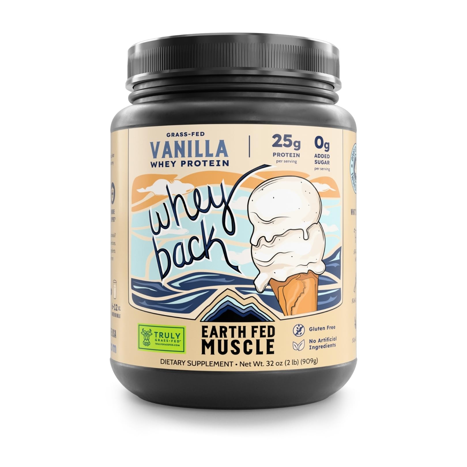 Earth Fed Muscle Whey Back Irish Grass Fed Whey Protein Isolate, Third-Party Certified. 25g Protein, Vanilla - Non-GMO, Hormone Free, Soy Free, Gluten Free - 2 LB, 29 Servings