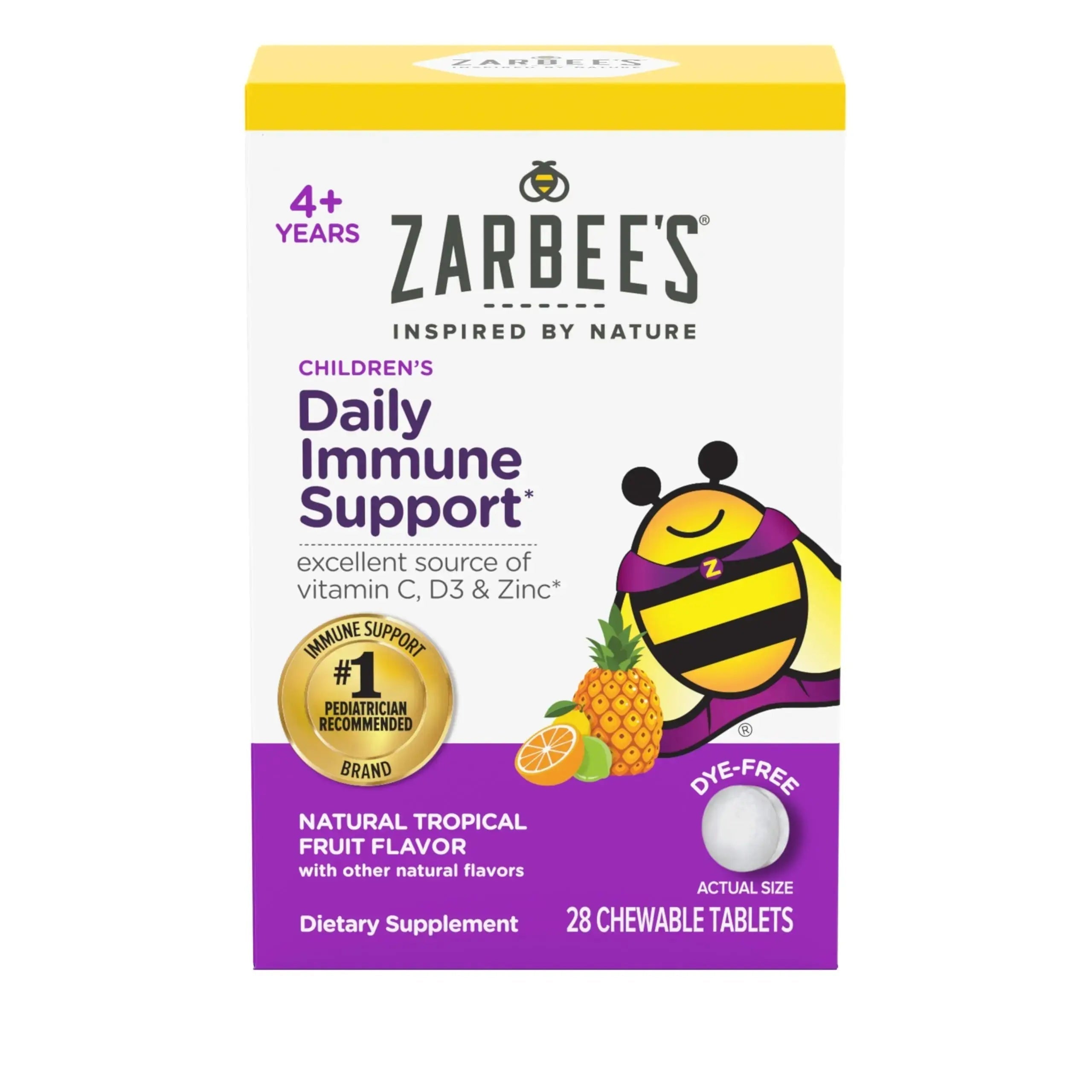 Zarbee's Kids Immune Support, Vitamin C, D & Zinc Daily Immunity Vitamins for Children 4+ Years, Natural Tropical Fruit Flavor, 28 Chewable Tablets Zarbee's Au supplements