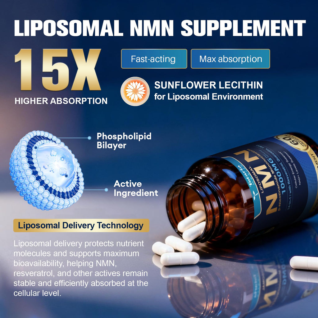 Totaria Liposomal NMN Supplement 1000mg, 14-in-1 NMN Resveratrol Complex with CoQ10, TMG, Quercetin, ALA, PQQ, Support NAD Levels, Cellular Energy & Healthy Aging, 60 Capsules, cGMP, Filler Free Totaria Au supplements