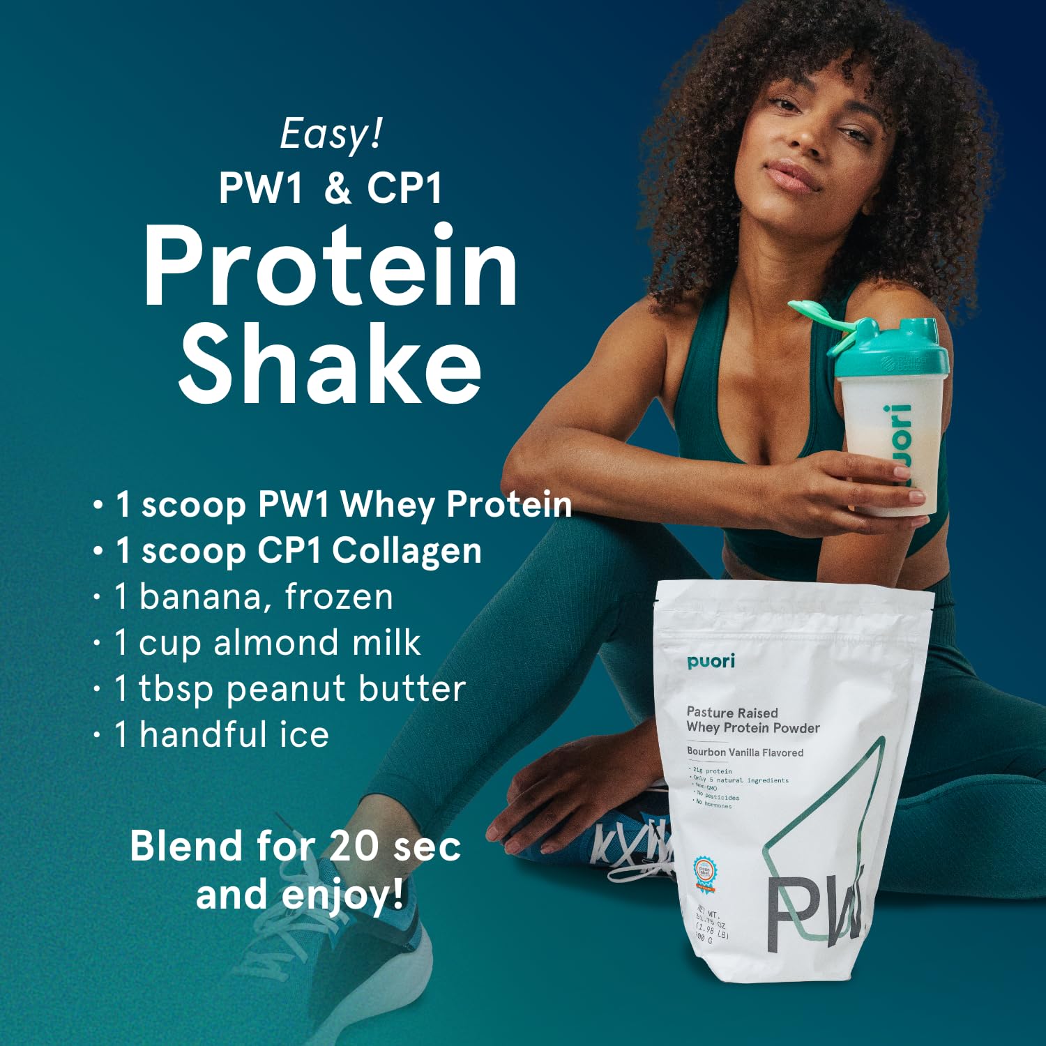 Puori Whey Protein Powder, Bourbon Vanilla - PW1 Pasture-Raised, Grass-Fed Whey Protein Powder Drink Mix containing BCAA Amino Acids - Post-Workout Supplement