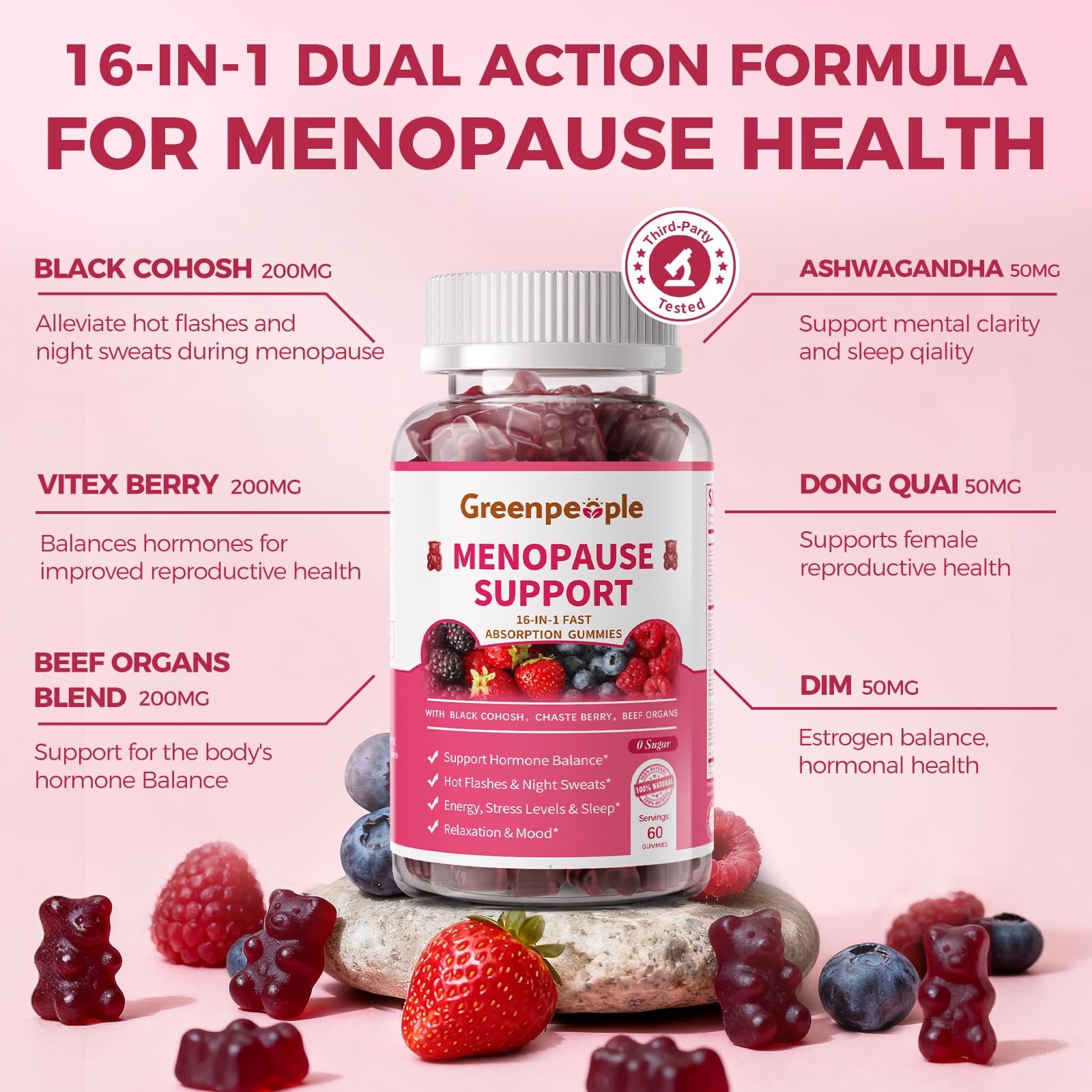 GREENPEOPLE Menopause Supplements for Women Gummies - 16-in-1 Dual Action Menopause Relief W/Black Cohosh, Vitex, Beef Organs for Hormone Balance, Hot Flashes, Night Sweats & Mood, Sugar-Free 60 CT GREENPEOPLE Au supplements