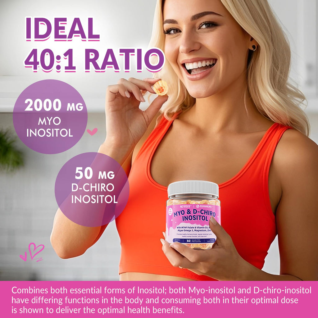 Myo-Inositol & D-Chiro Inositol, Hormone Balance for Women | Sugar Free Inositol Gummies w/Omega 3, MTHF Folate, Vitamin D3, B12, Magnesium & Zinc for Ovarian Health, Ideal 40:1 Ratio, Vegan, 60 Cts NEVISS Au supplements