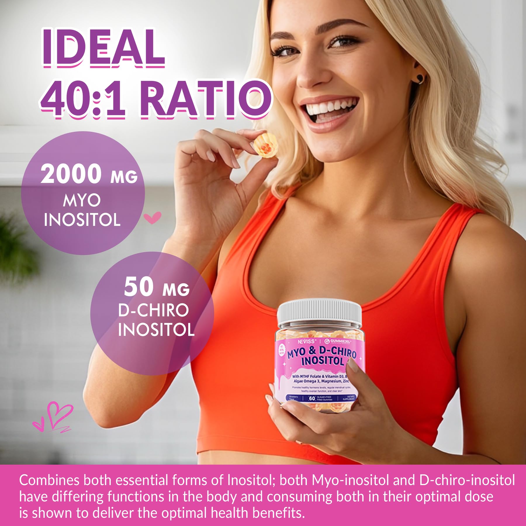 Myo-Inositol & D-Chiro Inositol, Hormone Balance for Women | Sugar Free Inositol Gummies w/Omega 3, MTHF Folate, Vitamin D3, B12, Magnesium & Zinc for Ovarian Health, Ideal 40:1 Ratio, Vegan, 60 Cts NEVISS Au supplements