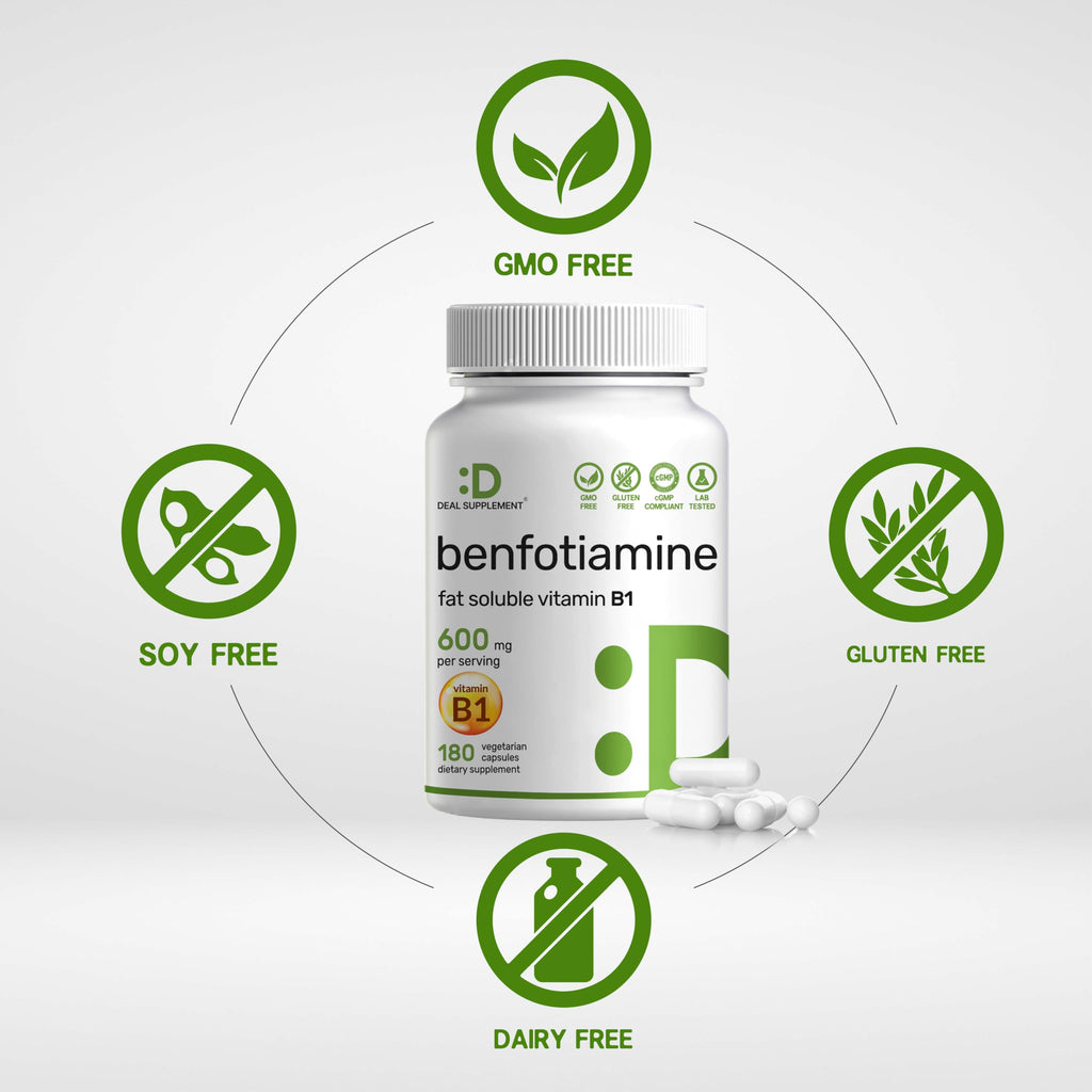 Benfotiamine 600mg Per Serving, 180 Veggie Capsules (300mg Per Cap) – Fat Soluble Vitamin B1 Thiamine Supplement
