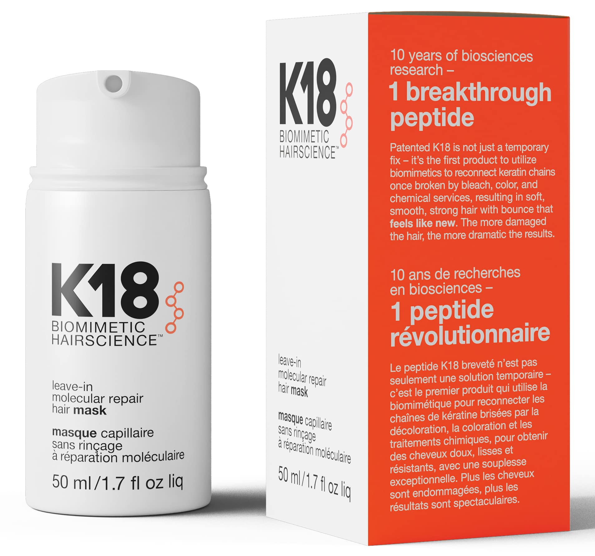 K18 Leave-In Molecular Repair Hair Mask - Peptide Hair Treatment Mask for Bleach, Color, Chemical + Heat Damaged Strands - Immediate + Lasting Damage Reversal in 4 Minutes (1.7 Fl oz) K18 Au supplements