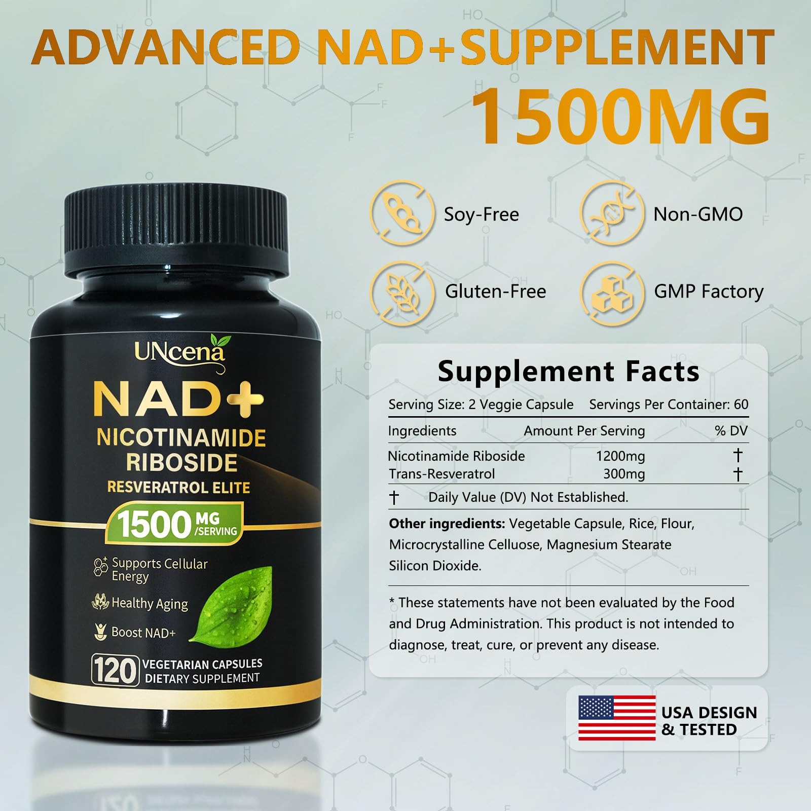 UNcena NAD Supplement 1500mg - Liposomal NAD+ Nicotinamide Riboside with Resveratrol, NAD Plus Boosting - Support Cellular Health, Stamina & Healthy Aging for Women & Men- 120 Capsules UNcena Au supplements