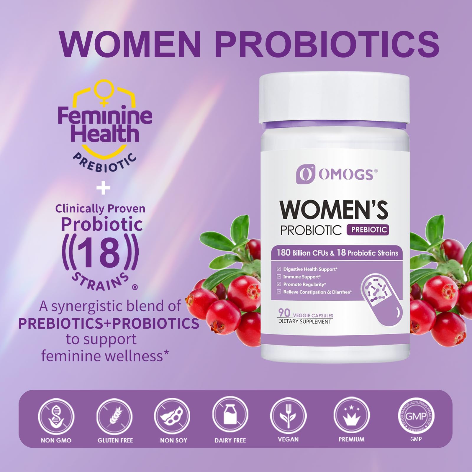 OMOGS Women's Probiotic 180 Billion CFUs 18 Strains, with Organic Prebiotics, Cranberry Extract, D-Mannose & Digestive Enzymes, for Digestive, Boost Immune,