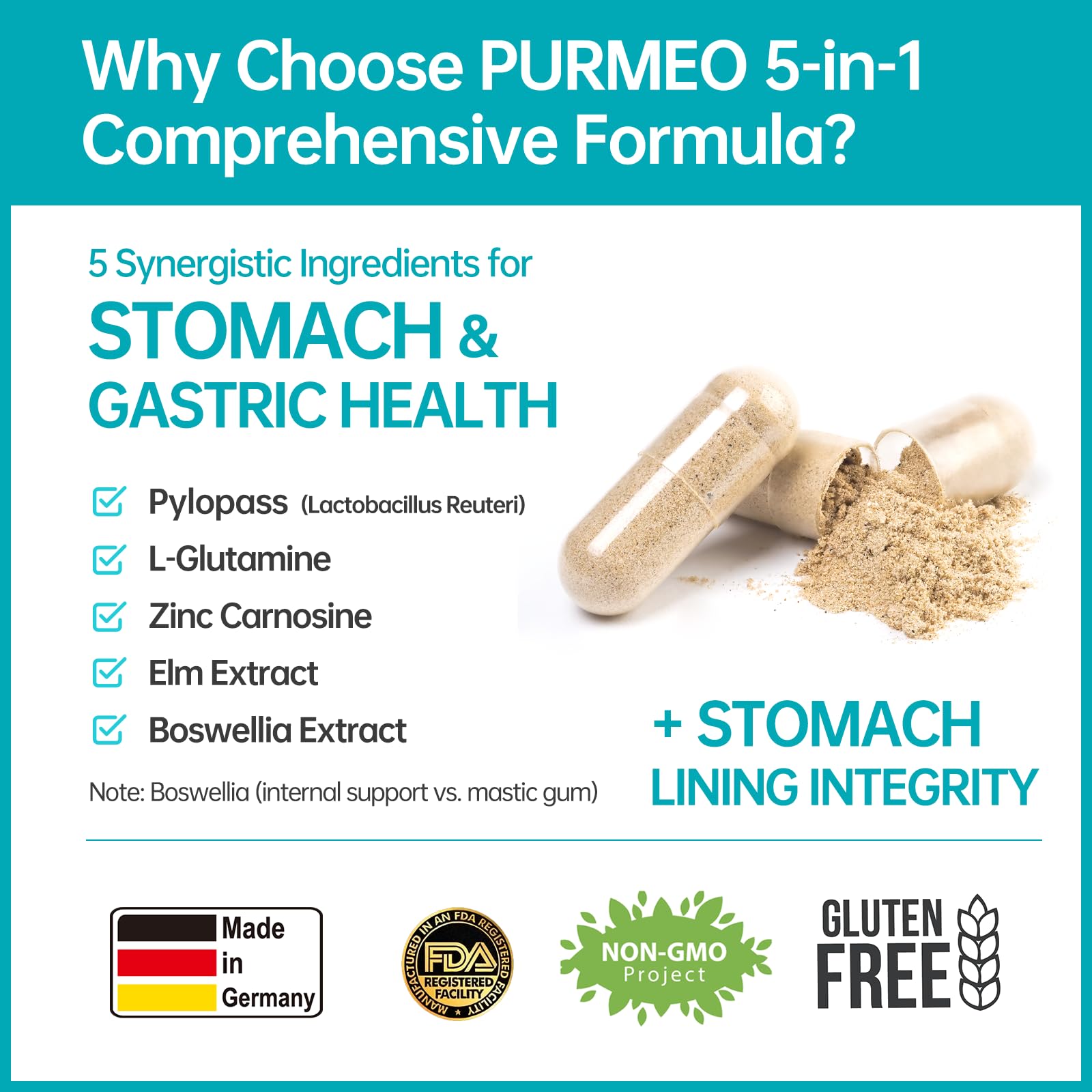 5-in-1 High Potency H. Pylori Probiotic, 1 Per Day - Supports Gastric Lining Integrity, Occasional Indigestion, Acid Comfort - Pylopass Lactobacillus Reuteri, Gluten Free, Vegan, 30ct, Made in Germany purmeo Au supplements