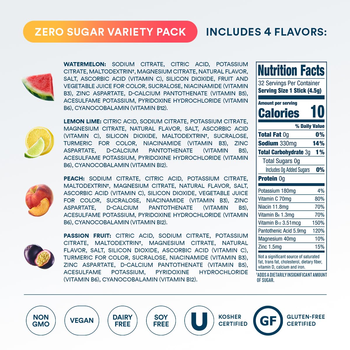 DripDrop Sugar Free Hydration Packets - Zero Classic Variety Pack - Single Serve Electrolytes Powder Drink Mix - Lemon Lime, Watermelon, Peach, Passion Fruit