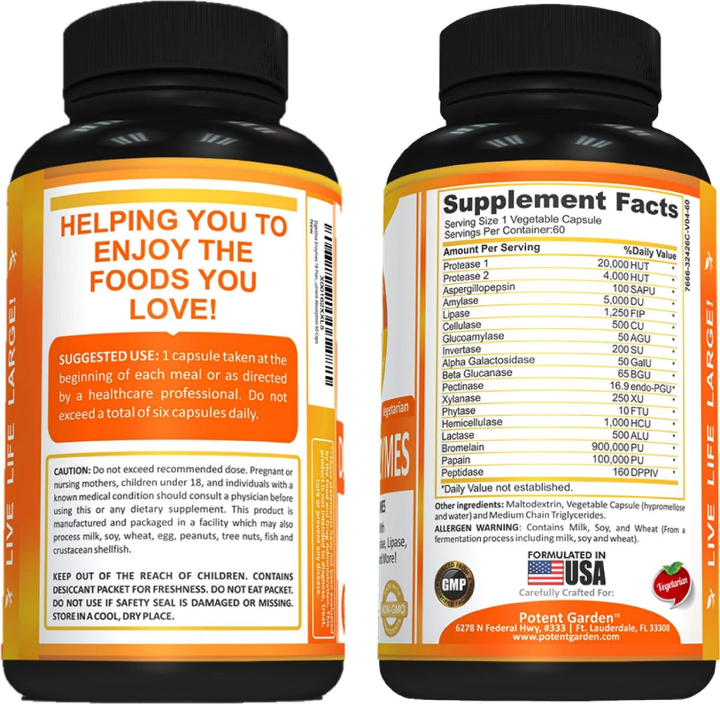 Potent Garden Digestive Enzymes -18 Plant Based Enzymes with amylase lipase bromelain Protease lactase & Other Enzymes - One Pre Meal Pill Supports Healthy