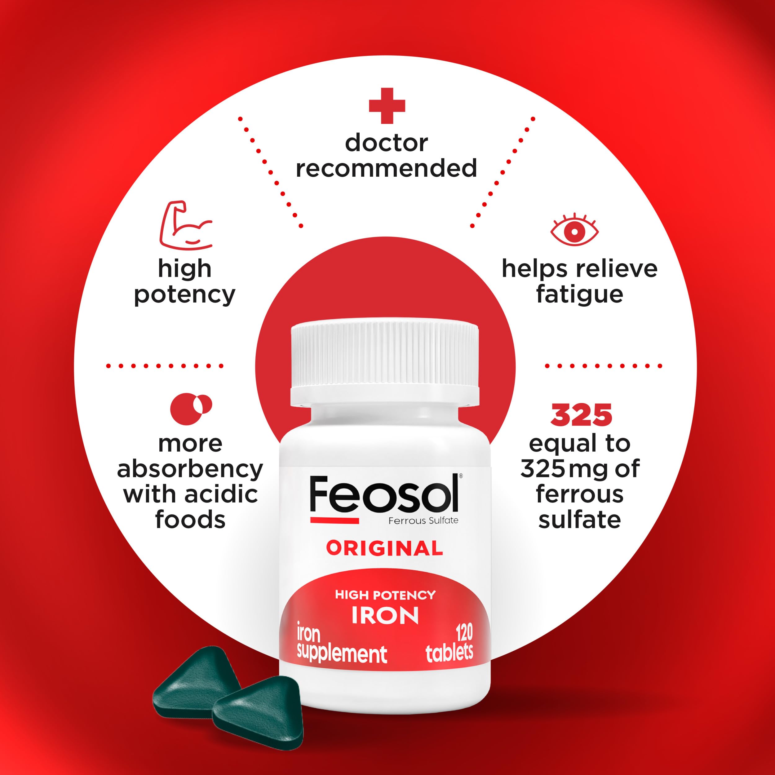 Feosol Original Iron Supplement Tablets, Non-heme, 65mg Iron per Pill, 1 Per Day, 120ct, 4 Month Supply, for Energy and Immune System Support, Made in USA