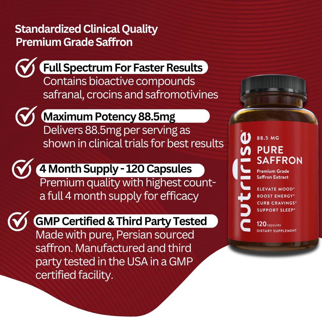 NutriRise Saffron Supplements 120 Capsules, 88.5mg Pure Extract - 4 Month Supply for Mood, Energy, Sleep, Stress & Cortisol Support - Non-GMO